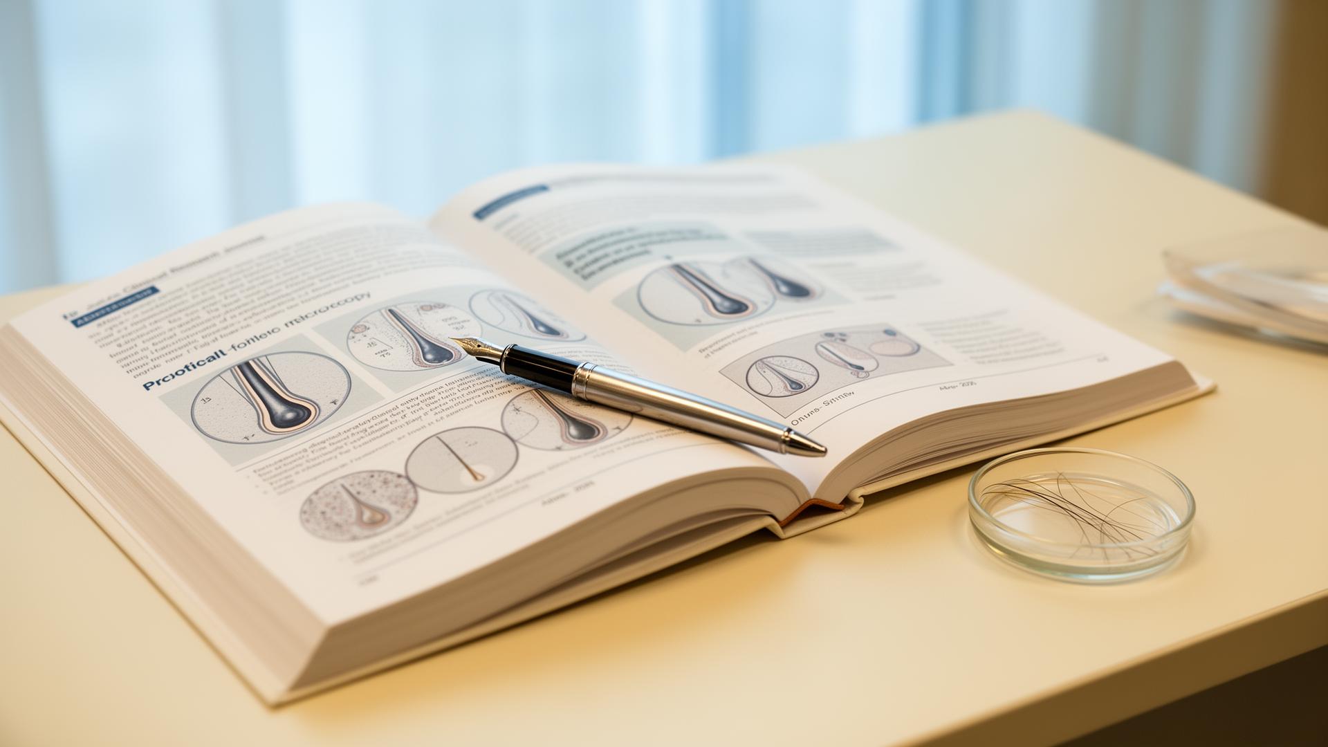 Open clinical atlas with anatomical hair-follicle diagrams, a fountain pen, trichoscope, and reading glasses